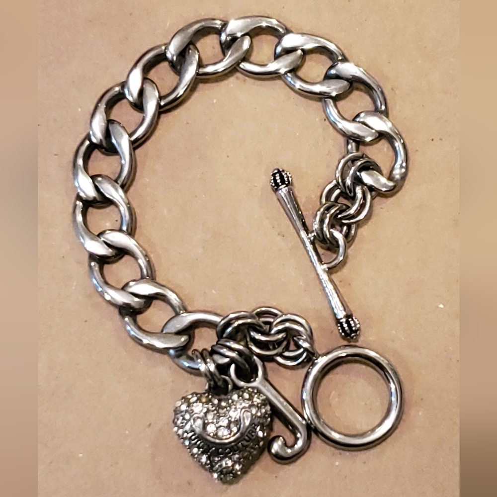 Juicy Couture Puffy Crystal Heart and J Charm Bracelet in Silvertone with Toggle